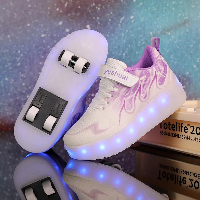 Kids Button Control Light Up Wheeled Sneakers, 4 Wheel Retractable Rechargeable Flashing Roller Skate Shoes