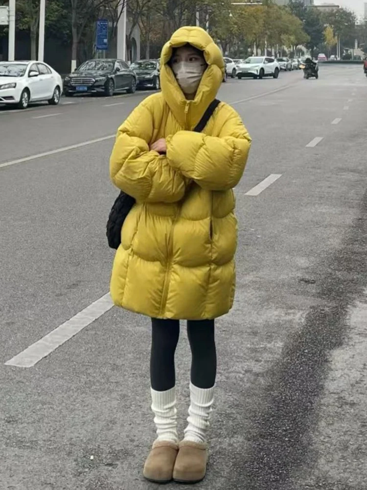 Winter Solid Medium to Long Hooded Down Jacket Female Loose Thick Warm Quilted Jacket Coat Women White Duck Down Parker Outwears