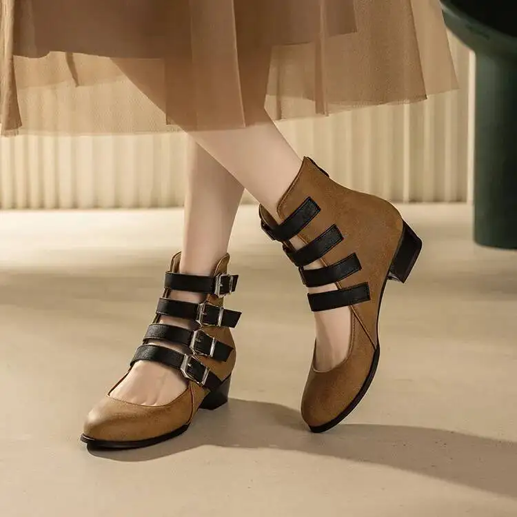 Pumps Gothic Mary Jane Women Ankle Boots Buckle Strap Block Heel Round Toe Back Zipper Shoes Retro Punk Footwear