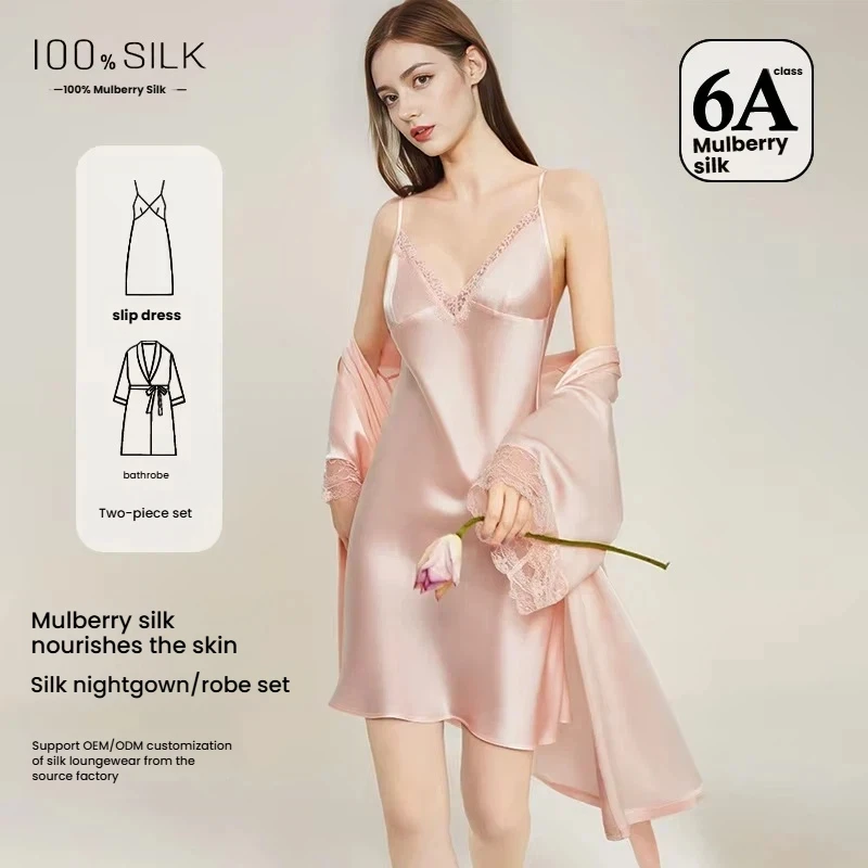 100% Mulberry Silk Pajamas Women 19 Momme Luxury Sexy Sleepwear Set V-Neck Lace Trim Short Sleeve Summer Nightwear Dress Robe Go