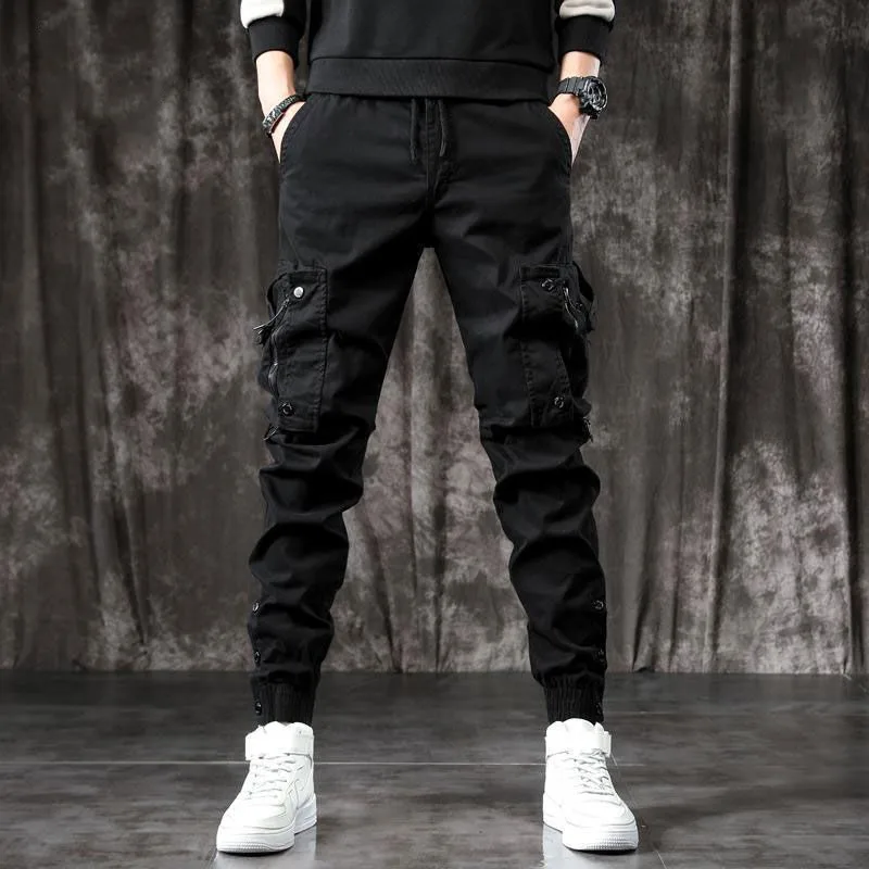 Spring And Autumn Men's Cargo Pants, Slim Jogger Pants, American Style Multi-pocket Skinny Black Pants