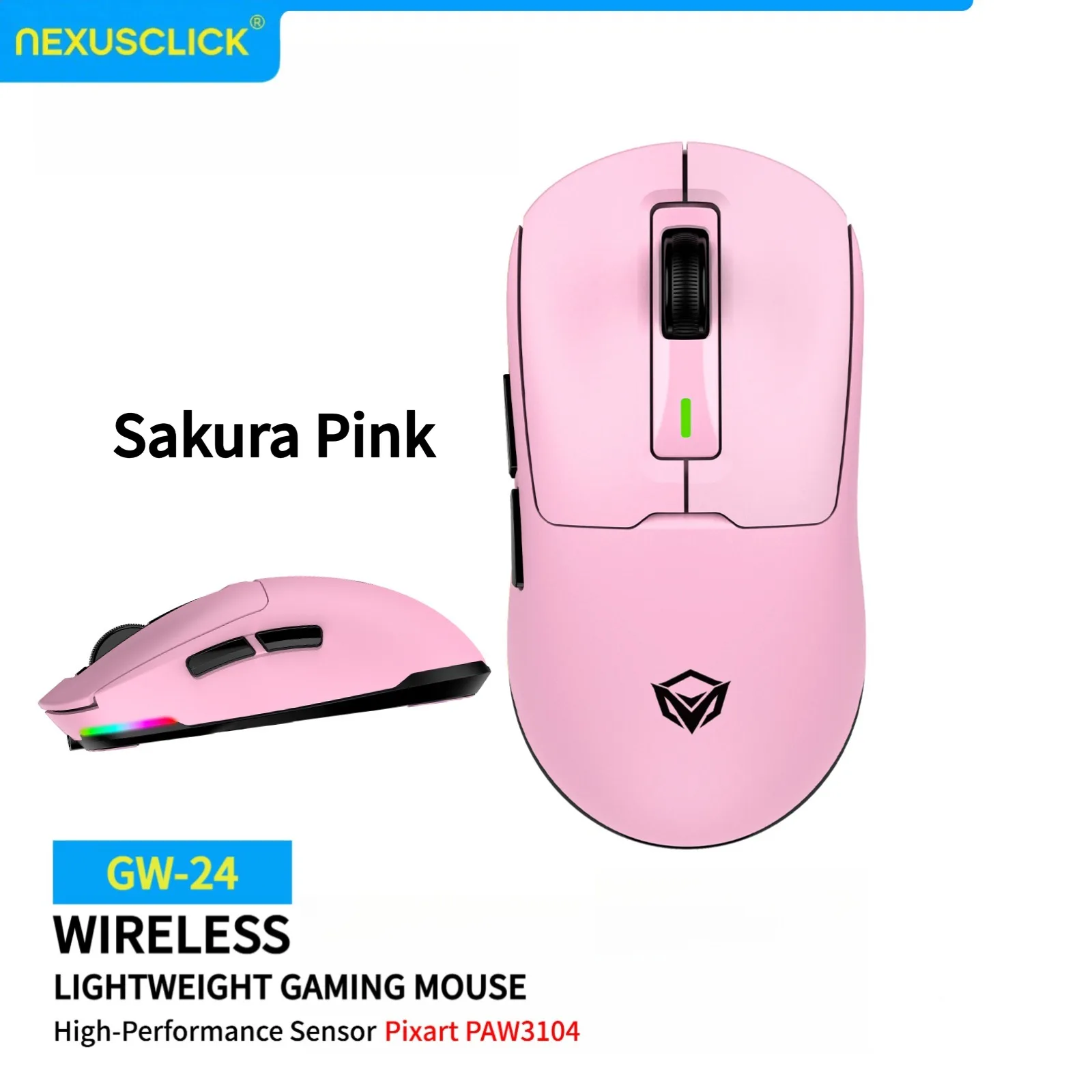 NexusClick GW24 TriMode 62g UltraLightweight Wireless Mouse,PAW3104 Sensor,8000DPI 45IPS 15G,RGB Backlight Esports Work Mice