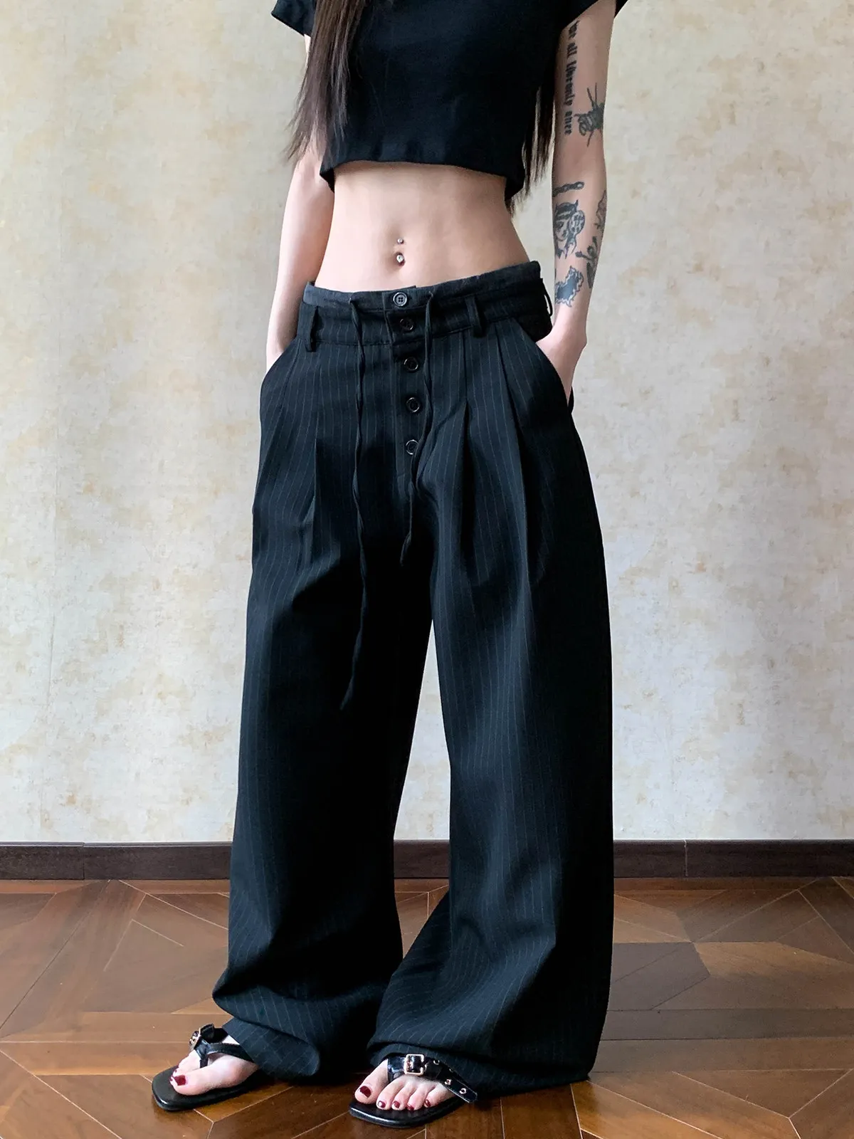 American Retro High-End Double Waist Texture Casual Wide Leg Pants Draping Loose Slimming Drawstring Floor-Length Trousers Un...