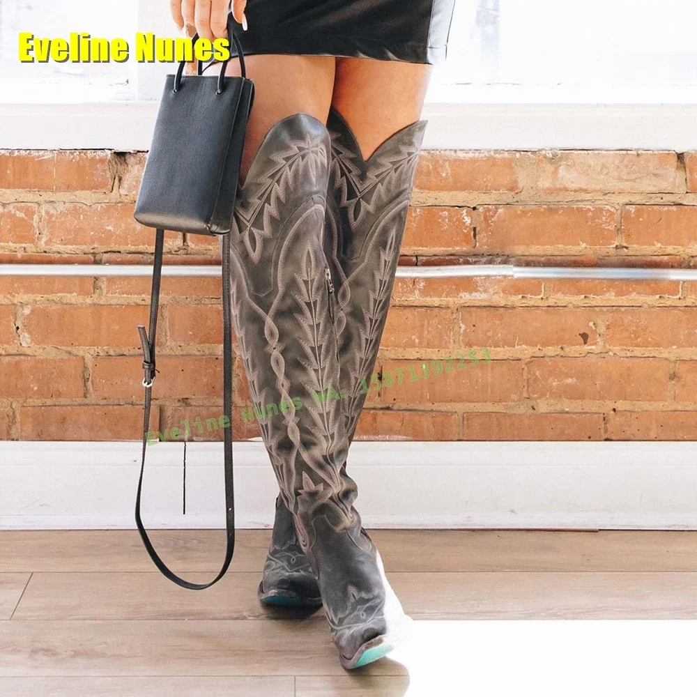 Rivet Cowboy Print Vintage Boots Pointed Toe Chunky Heel Embroidery Lace-Up National Style Women Over The Knee Boot 2024 Trend
