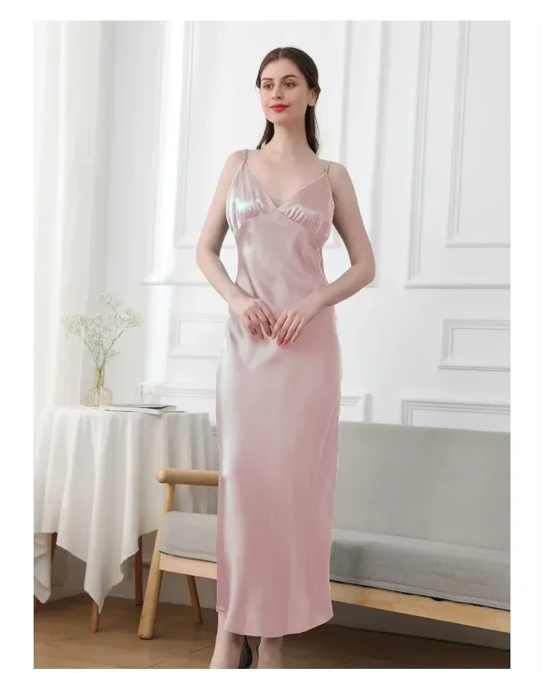 Women 100% Silk Slip Dress Solid V Neck Maxi Dresses Spaghetti Strap Satin Dress Sexy Chemise Long Nightgown Sleepwear Pajamas