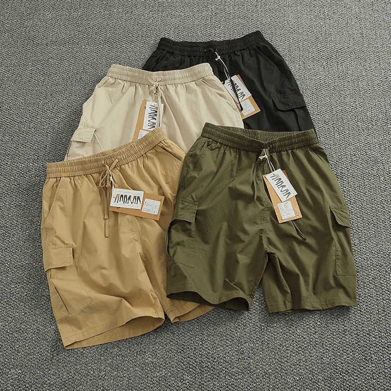Summer thin quick-drying multi-pocket cargo shorts men's cotton casual all-in-one quarter pants