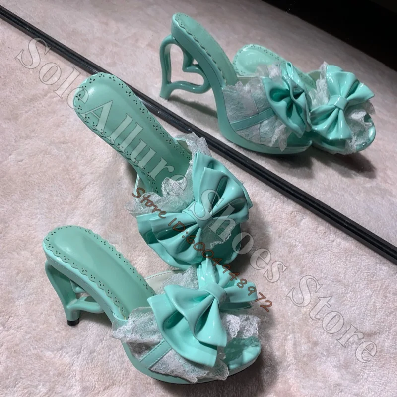 Heart Cutout Heel Mule Sandals Women Patent Leather Lace Bow Decor Open Toe Hollow HeartShaped Heel Lolita Sandals