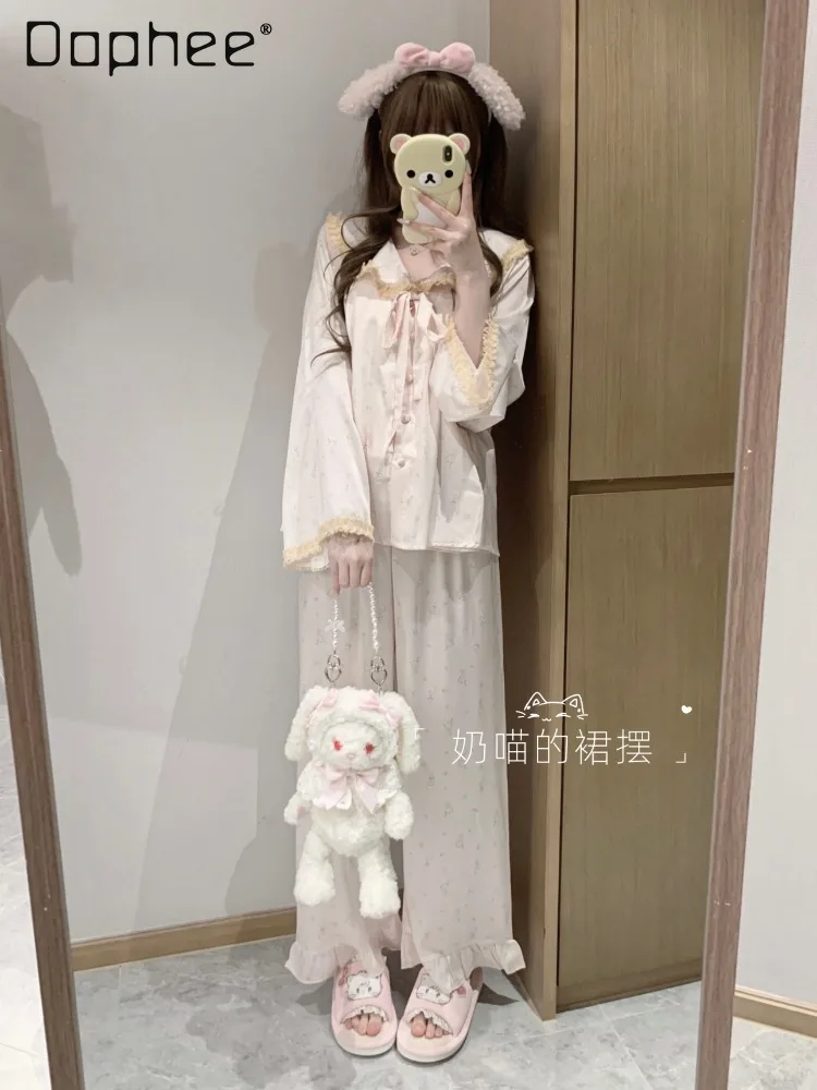 Cute Sweet Cartoon Printed Doll Collar Ice Silk Pajama Set Long Sleeve Trousers Suspender Shorts Four-piece Women's Loungewear
