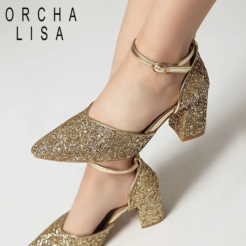 ORCHA LISA Fashion Women Sandals Pointed Toe 7.5cm Block Heels Buckle Strap Sequin Bling Dating Party Shoes Large Size 46 47