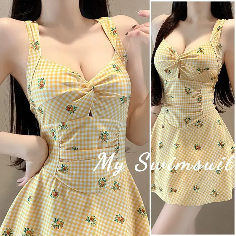 Women's Gingham Floral Print Swim Dress Spaghetti Strap Twist Front Backless Tie Summer Beach Vacation Swimwear