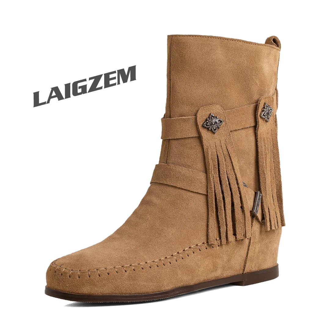 LAIGZEM Women Ankle Boots Slip On Real Suede Round Toe Tassel Low Heels Booties Ladies Handmade Shoes Woman Big Size 38 42 43