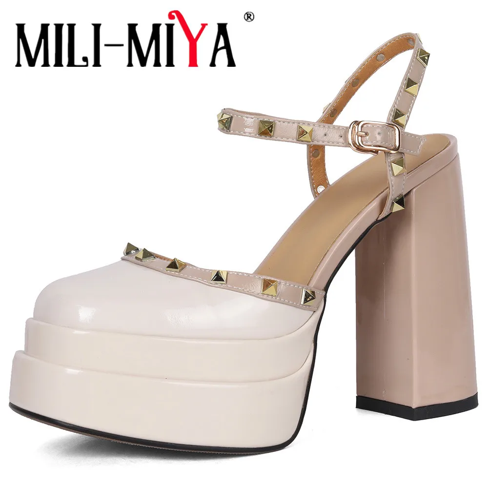 MILI-MIYA Mixed Color Slingbacks Women Cow Leather Pumps Thick Heels Square Toe Rivets Ankle Wrap Platform Dress Party Shoes