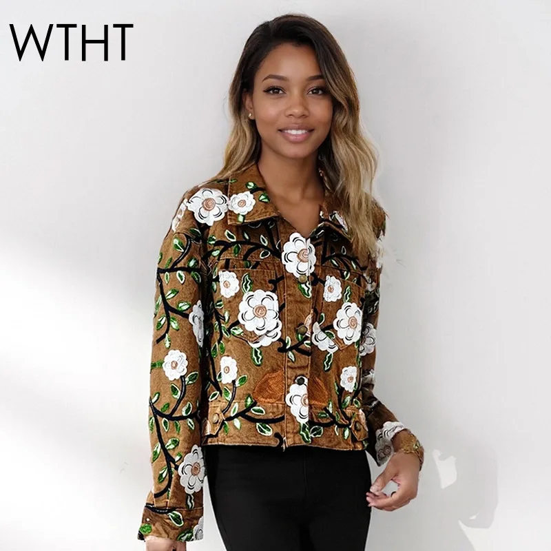 WTHT New Fashion Women's Embroidery Flower Design Short Denim Jacket 2025 Autumn Trendy Lapel Long Sleeves Coat Female 1LS2656