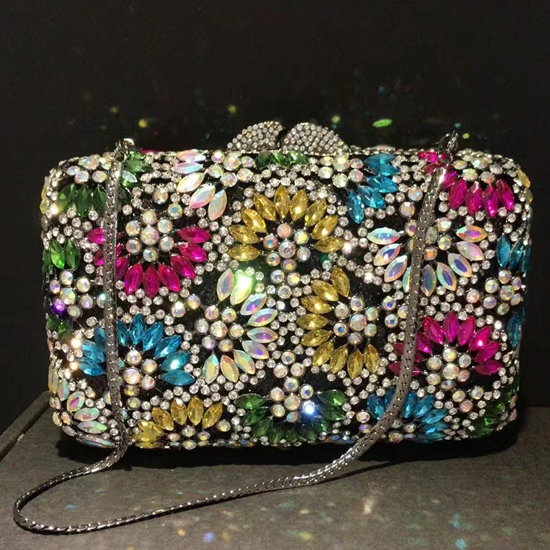 WHTUOHENG New Multicolored Rhinestone Crystal Party Prom Shoulder Handbags Elegant Wedding Evening Clutches Luxury Bridal Bags