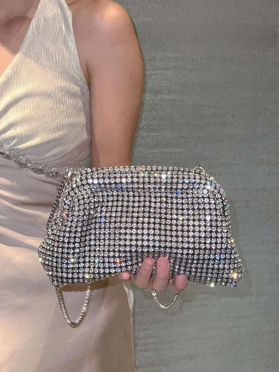 UGALS Shiny Rhinestone Clip Folded Cloud Bag Evening Diamond Dumpling Clutch Crossbody Small Women's Bag Fashionable European...
