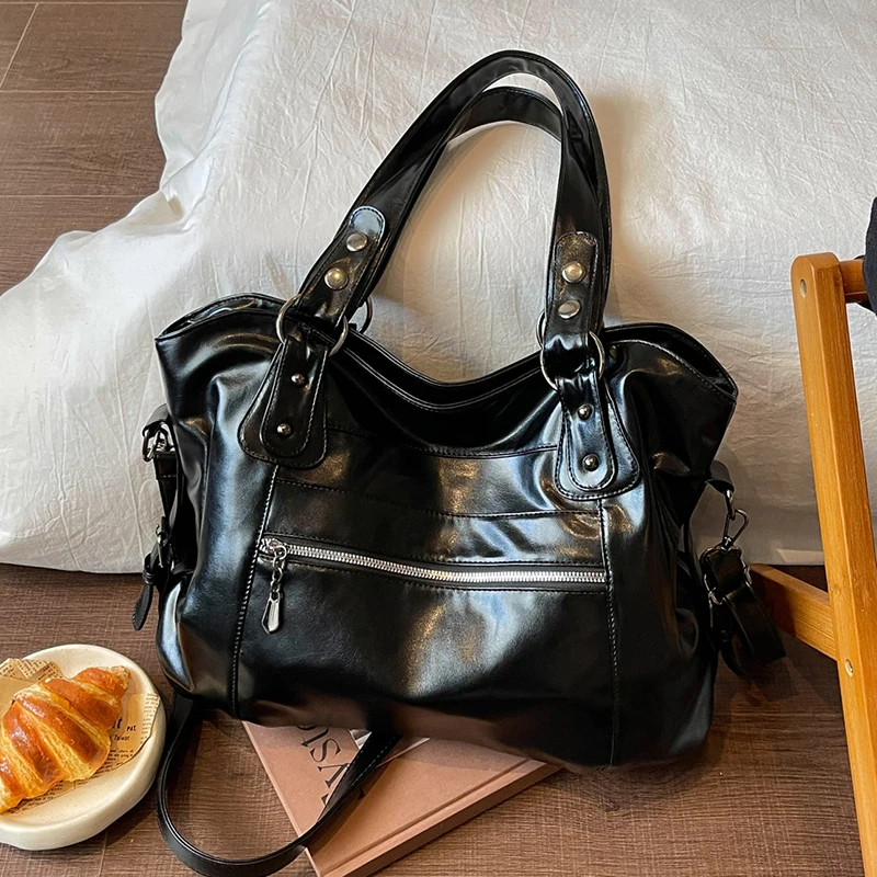 Vintage PU Leather Women Tote Bag Large Capacity Shoulder Crossbody Bag with Adjustable Strap for Work Travel Daily Shopping