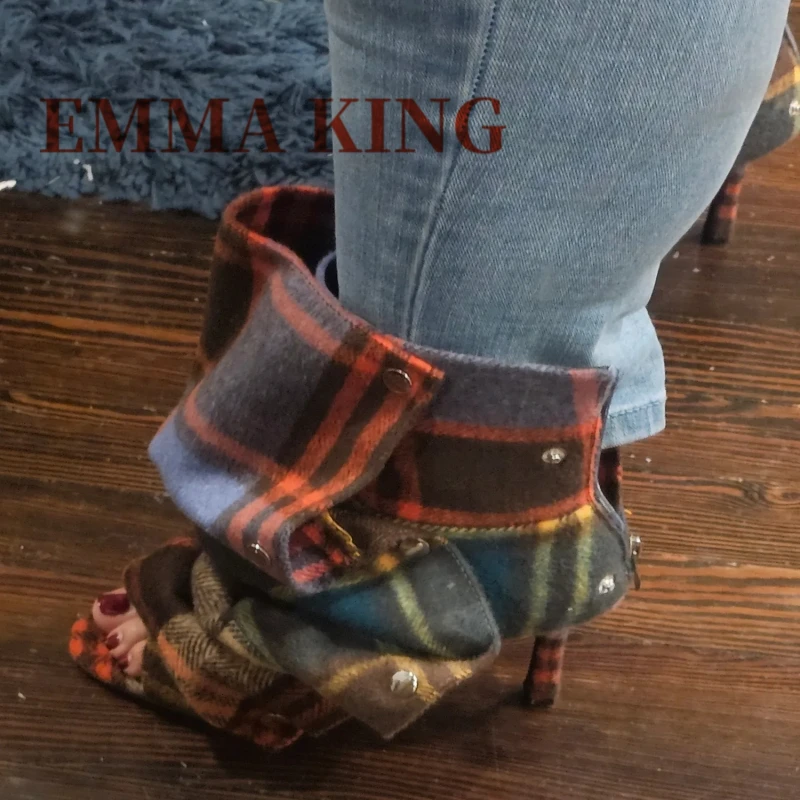 Plaid Multi Open Toe Snap Bootie,Studded Peep Toe High Heels Ankle Boots,Plaid Removable Ankle Shaft Boots,Plaid Pattern Shoes