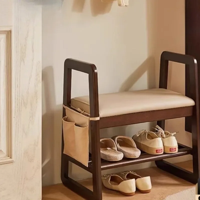 Solid Wood Armrest Shoe Bench Upholstered Entryway Stool Elderly Sitting Chair for Hallway Shoe Rack with Padded Seat