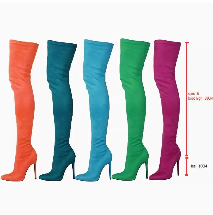 Sexy Lady Solid Stretch Suede Thigh Boots Side Zipper Pointed Toe 10 CM High Heel Candy All Match Over Knee Boots Women Shoes