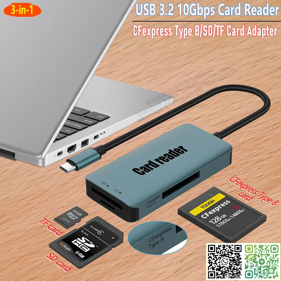 3-in-1 Card Reader Type C to CFexpress Type B & SD & TF Card Adapter USB 3.2 10Gbps Speed CFB/SD/Micro SD for Macbook Laptop