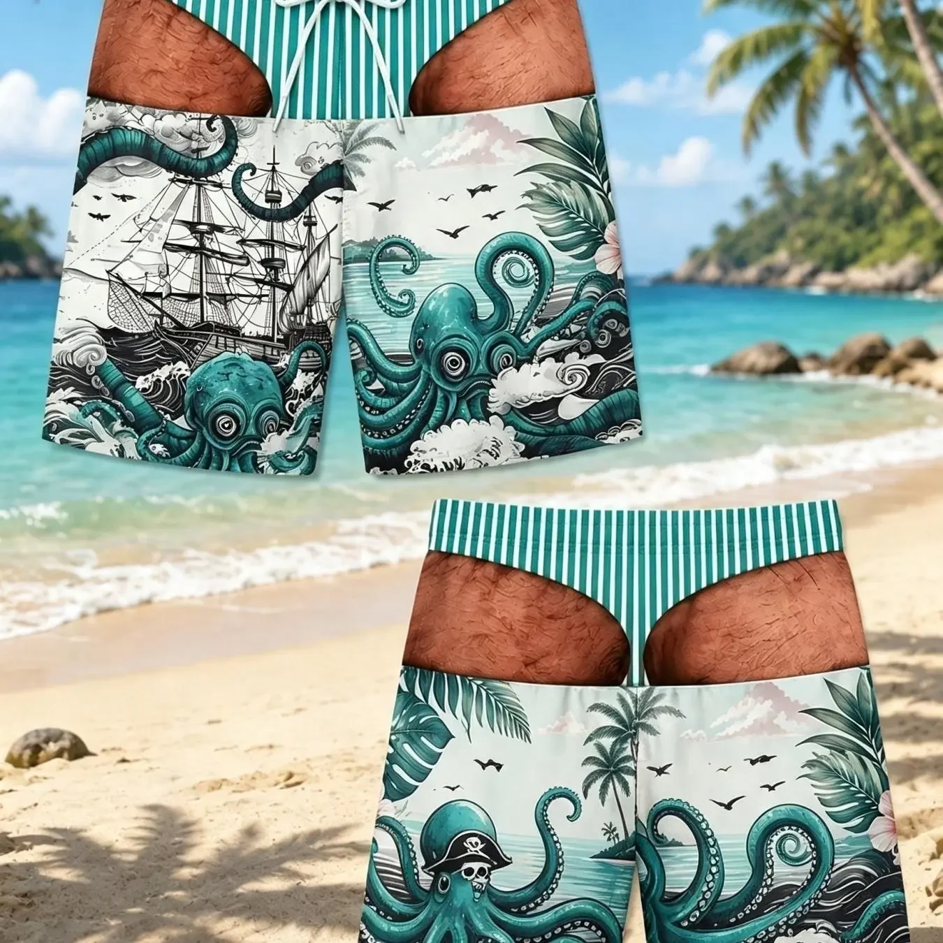 Men Casual Vintage Ocean Pirate Ship Giant Octopus Pattern Fake Butt Optical Illusion Shorts For Beach Pool Party
