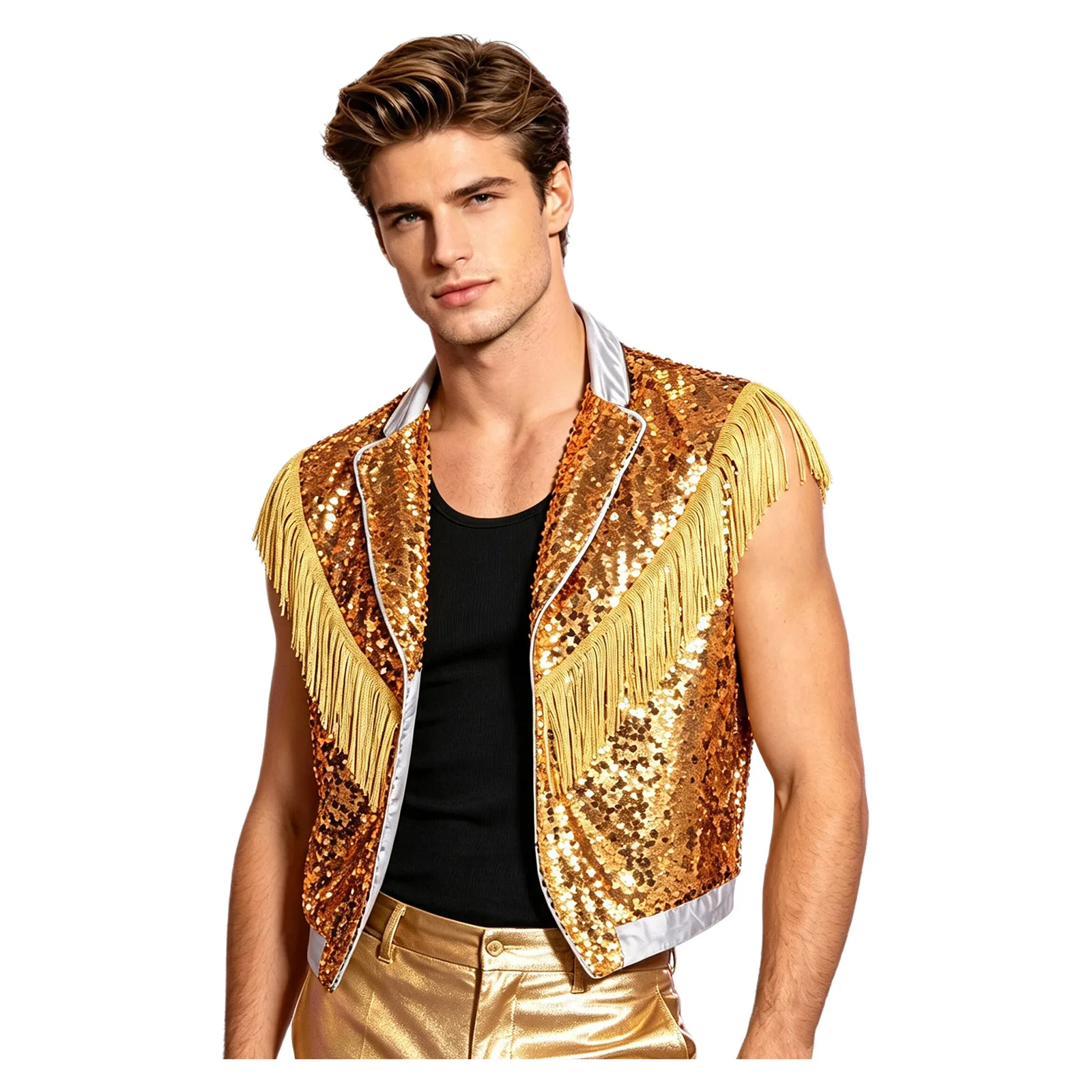 Mens 70s Prom Disco Vest Hip Hop Jazz Dance Costume Shiny Sequin Lapel Sleeveless Tassel Open Front Tank Top for Nightclub Stage