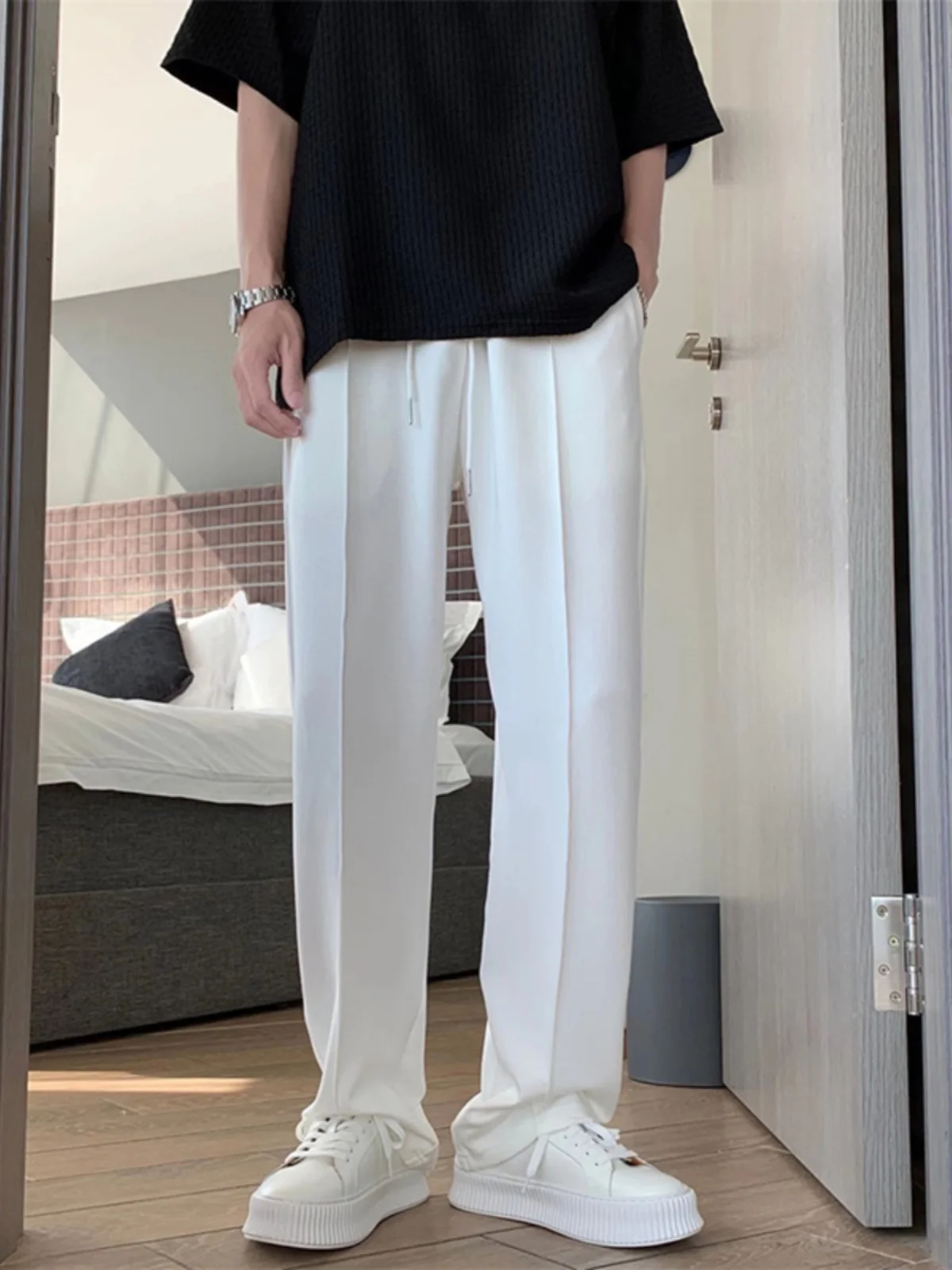 White Casual Pants for Men Straight Leg American Vibe Design Sensation High-End Feeling Street Style Youthful Energy Spring A...