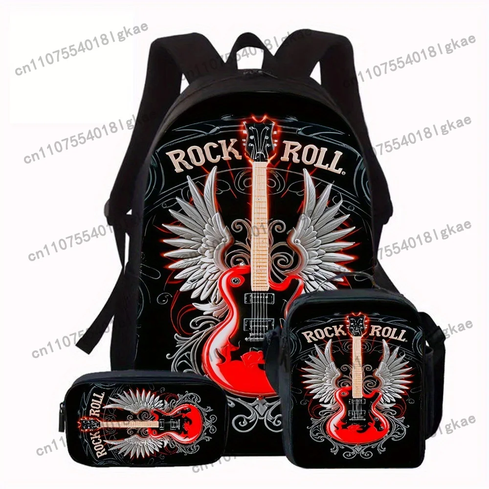 Heavy Metal Band 3pcs Large Capacity Oxford Cloth Travel Bag Set - Unisex School Backpack with Pencil Case & Lunch Box, Hand Was