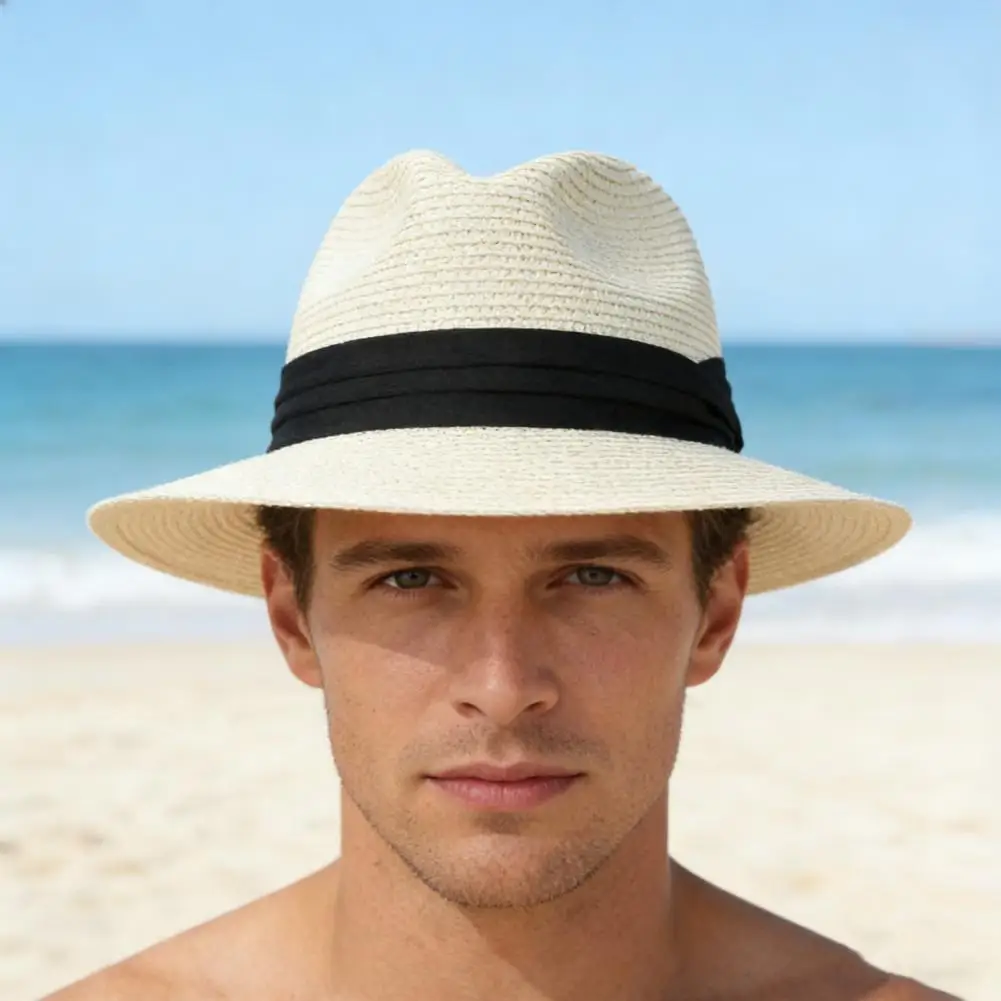 Breathable Sun Hat Uv Protection Hat Wide Brim Straw Panama Hat for Women Men Breathable Summer Sun with Ribbon Decor Elastic