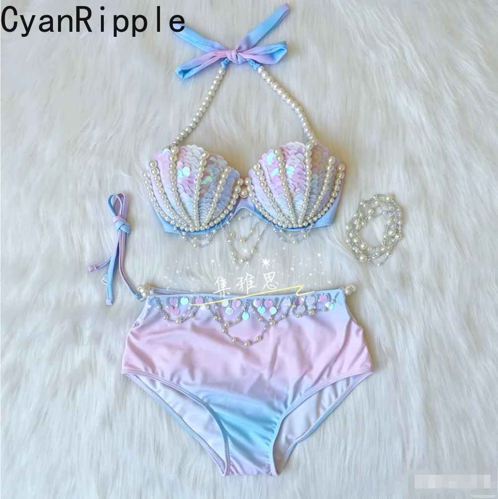 Original Handmade Mermaid Swimsuit Women Bikini Sets Gradient Color Pearl Beading Tassel Shell Free Diving Steel Breast Pad Bra