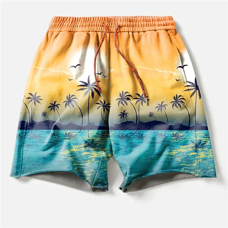 Coconut Tree Graphic Swim Trunks For Men Sea Sunset 3D Printed Beach Shorts Summer Casual Quick Dry Sport Loose Surf Short Pants