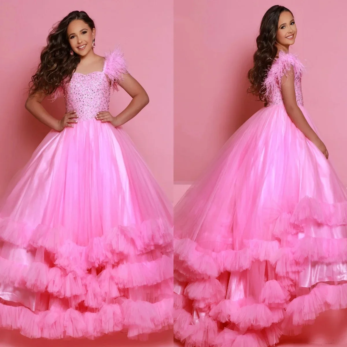 Customized Pink Flower Girl Dresses For Wedding Square Collar Sequins Beading Floor Length Quinceanera First Communion Prom Gown