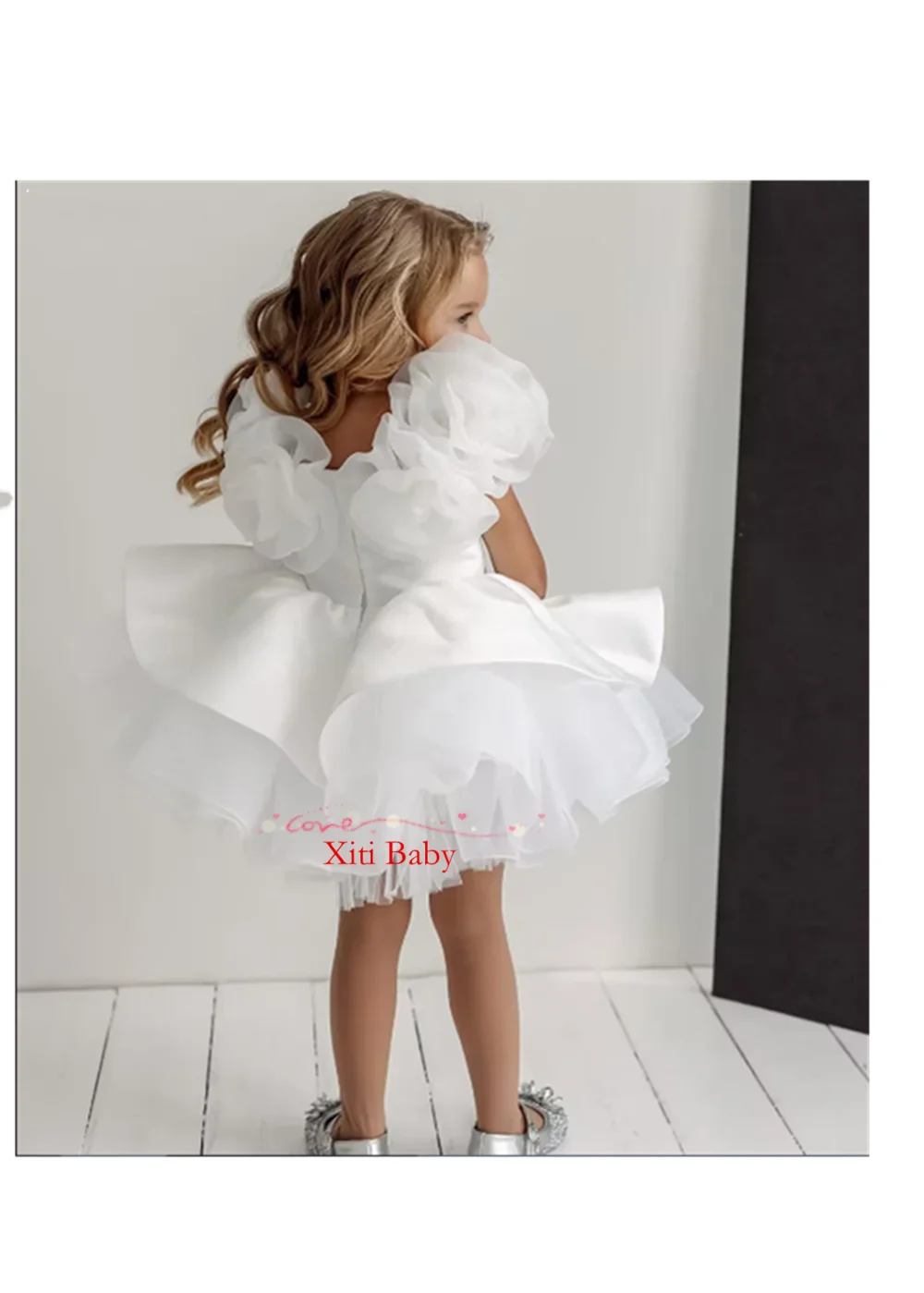 Luxurious Flower Girl Dress White Puff Girls Party Dresses for Wedding Puff Sleeves Tulle Kids Christmas Ceremonial Dress