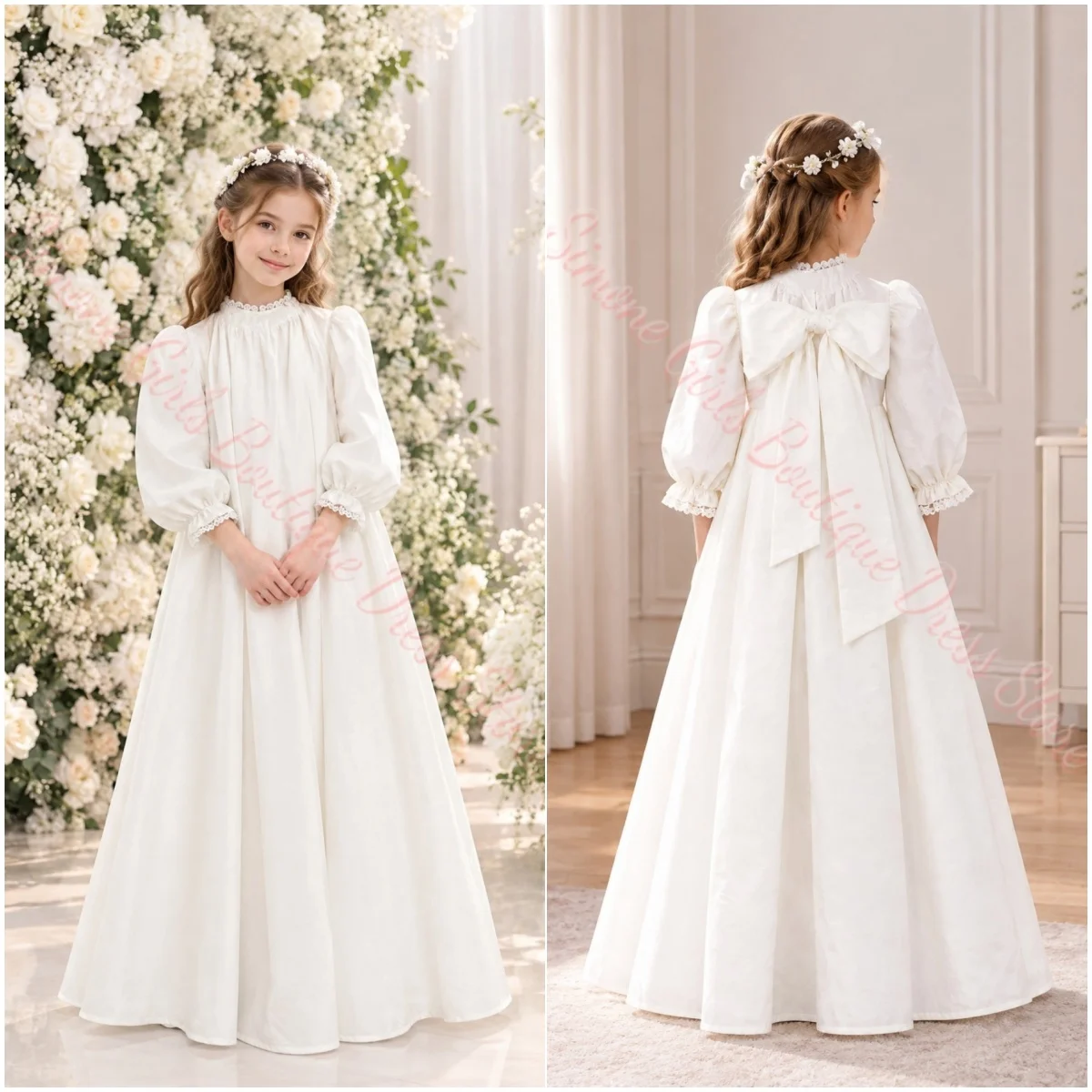 Custom Girl Gown Lace Neck Princess Satin Pleated Wedding Flower Girl Dress High Waist Puff Sleeves Communion Birthday Dress