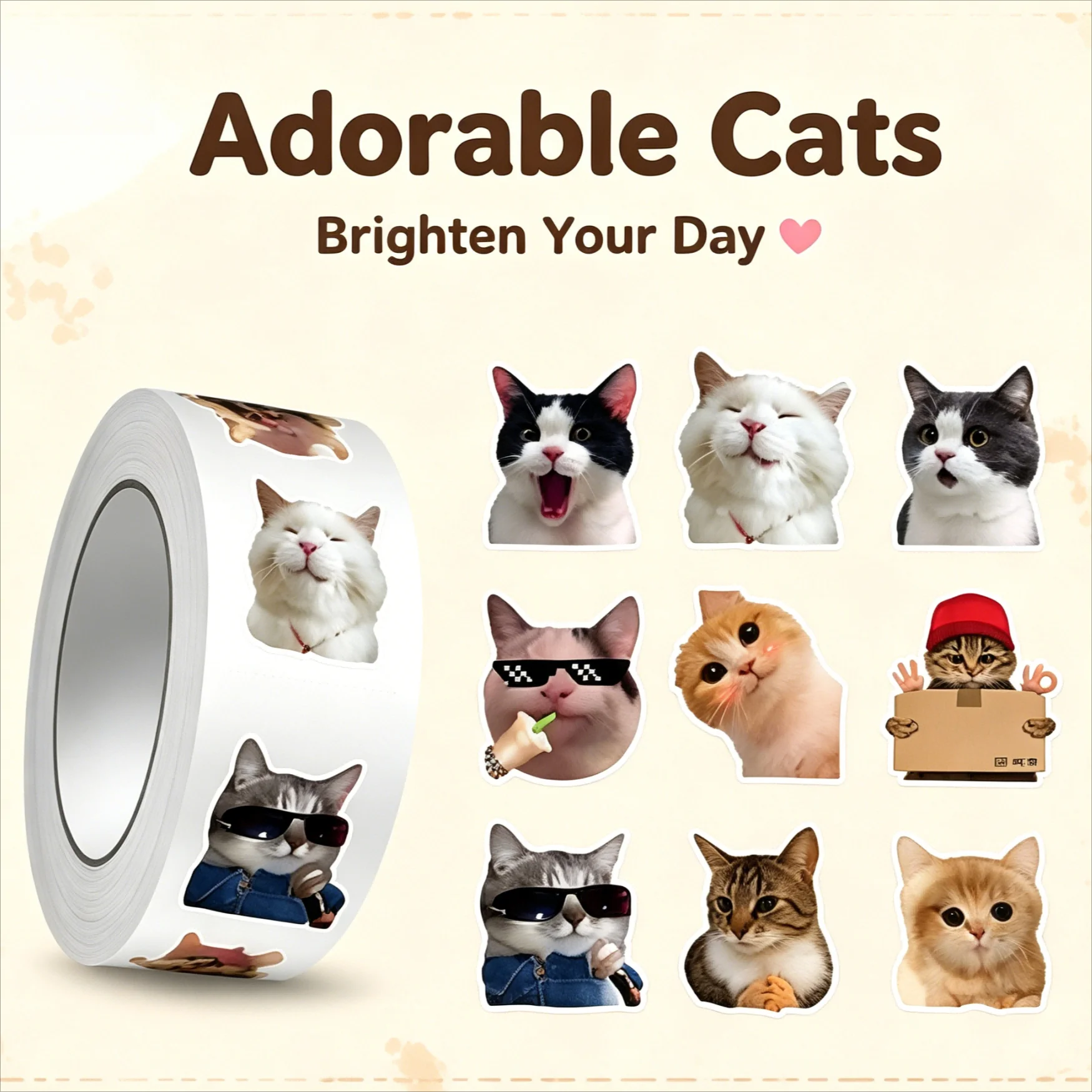 Cute Meme Stickers Roll /500Pcs Waterproof Funny Cat Face Decals Adhesive Labels for Phone Case Notebook Scrapbooking Decor