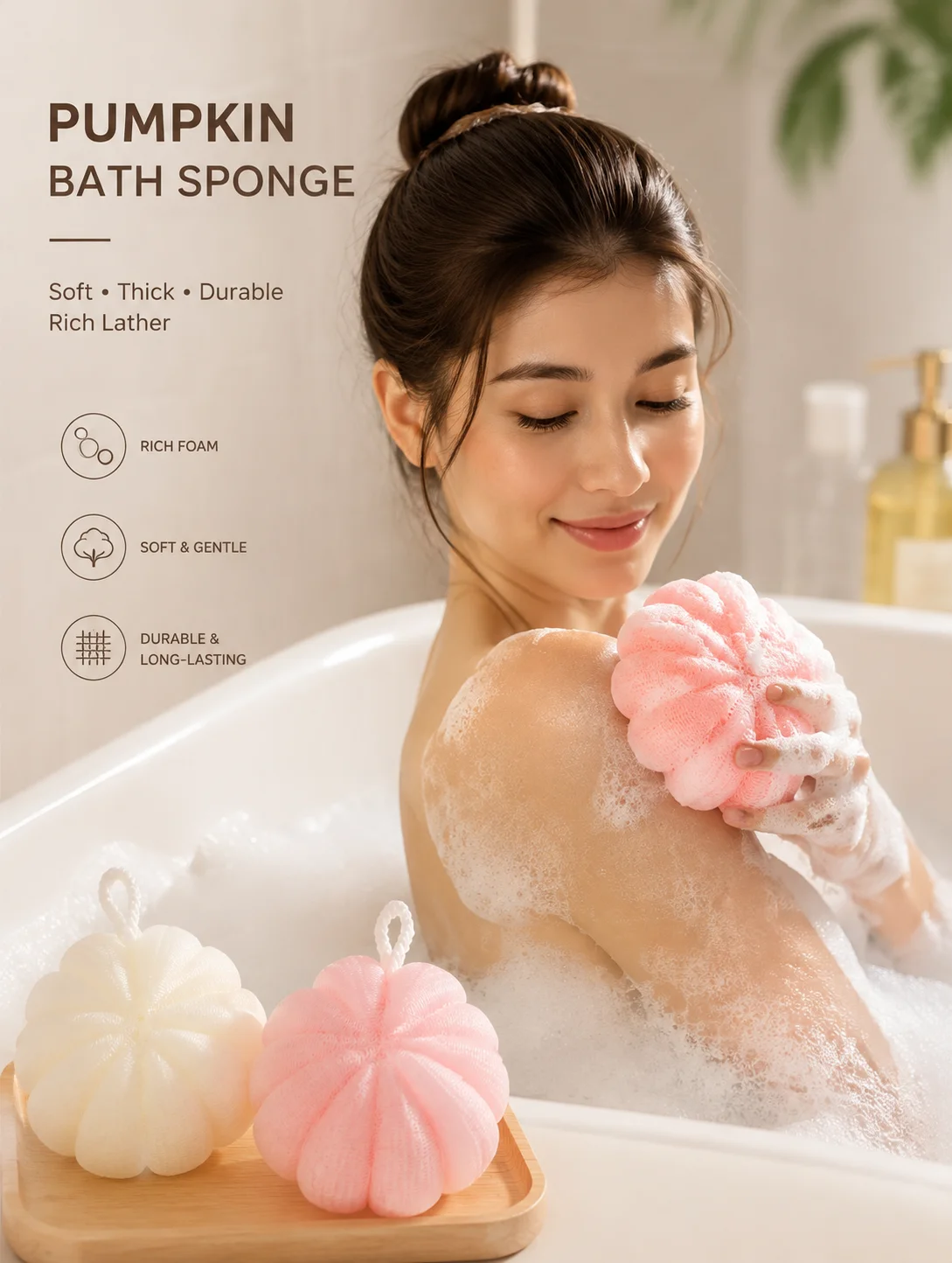 Solid Color Pumpkin Shaped Bath Ball Thick Cute Shower Sponge Soft Loofah Body Scrubber Bubble Bath Sponge Not Easy Disperse