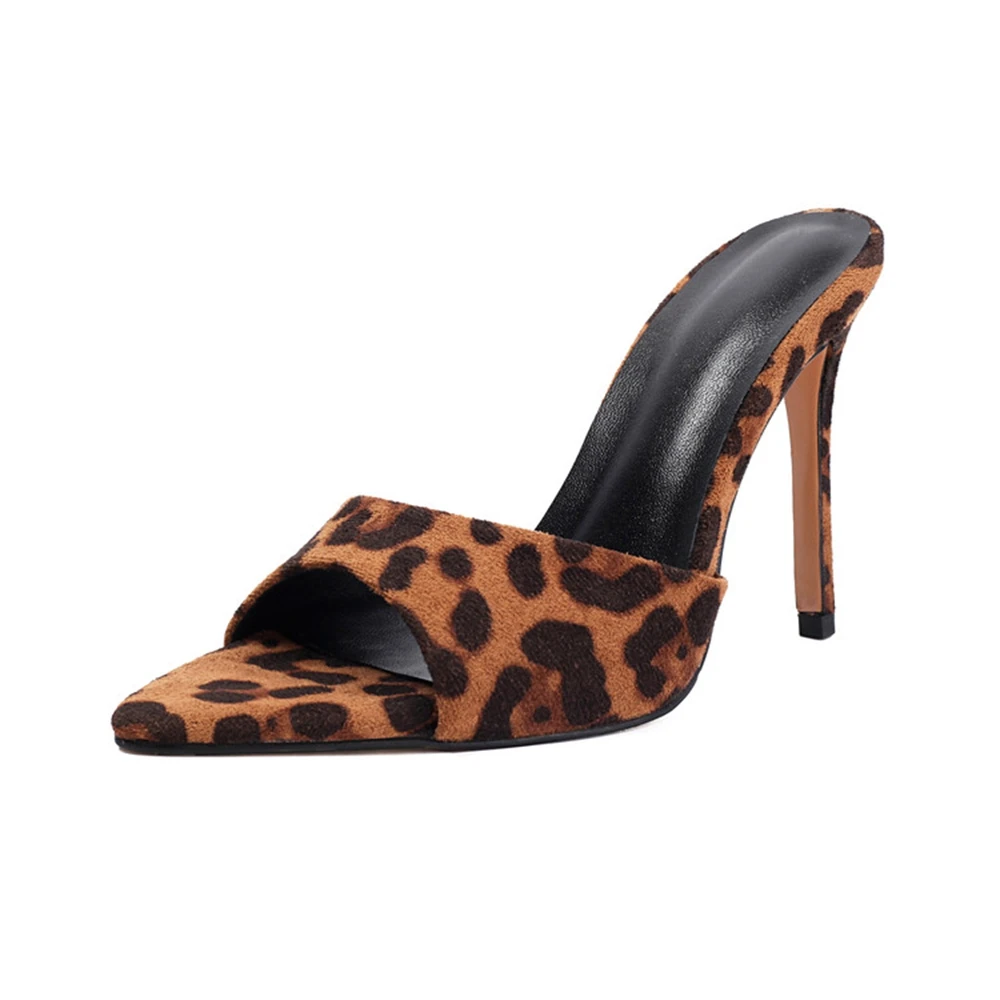 Women Sandals with Pointed Tips Summer Slim Heels One Foot Kick Party Dress Sexy Leopard Print Open Toed Office Workwear 600-28