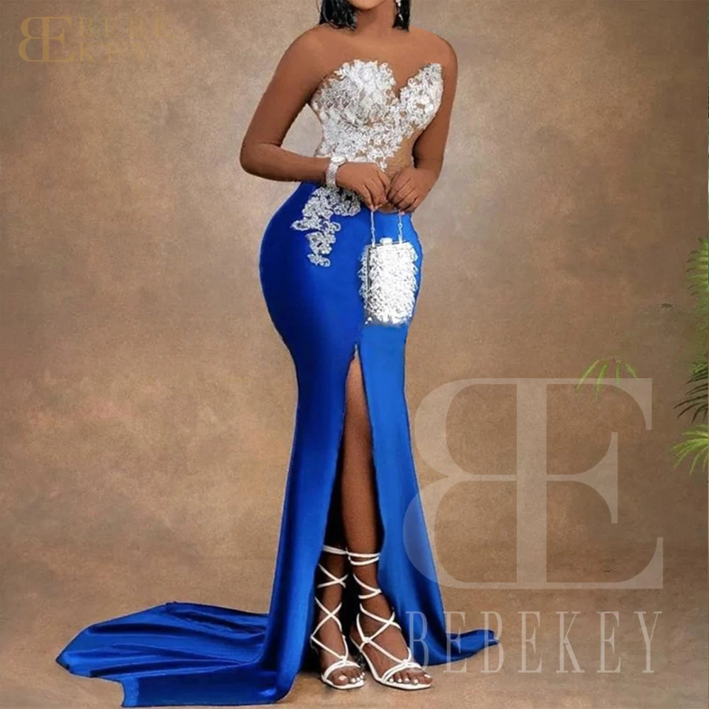 BEBEKEY Royal Blue Satin Bridesmaid Dress Customized One Shoulder Mermaid Formal Gown for Wedding Guest Party Dress Robe