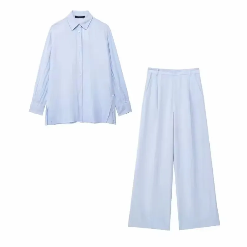 Pajamas for Women Suit Linen Loose Pants Set Loungewear Women Chic Ladies Shirt Women Wide Leg Pants Suit Sleepwear Home Suit