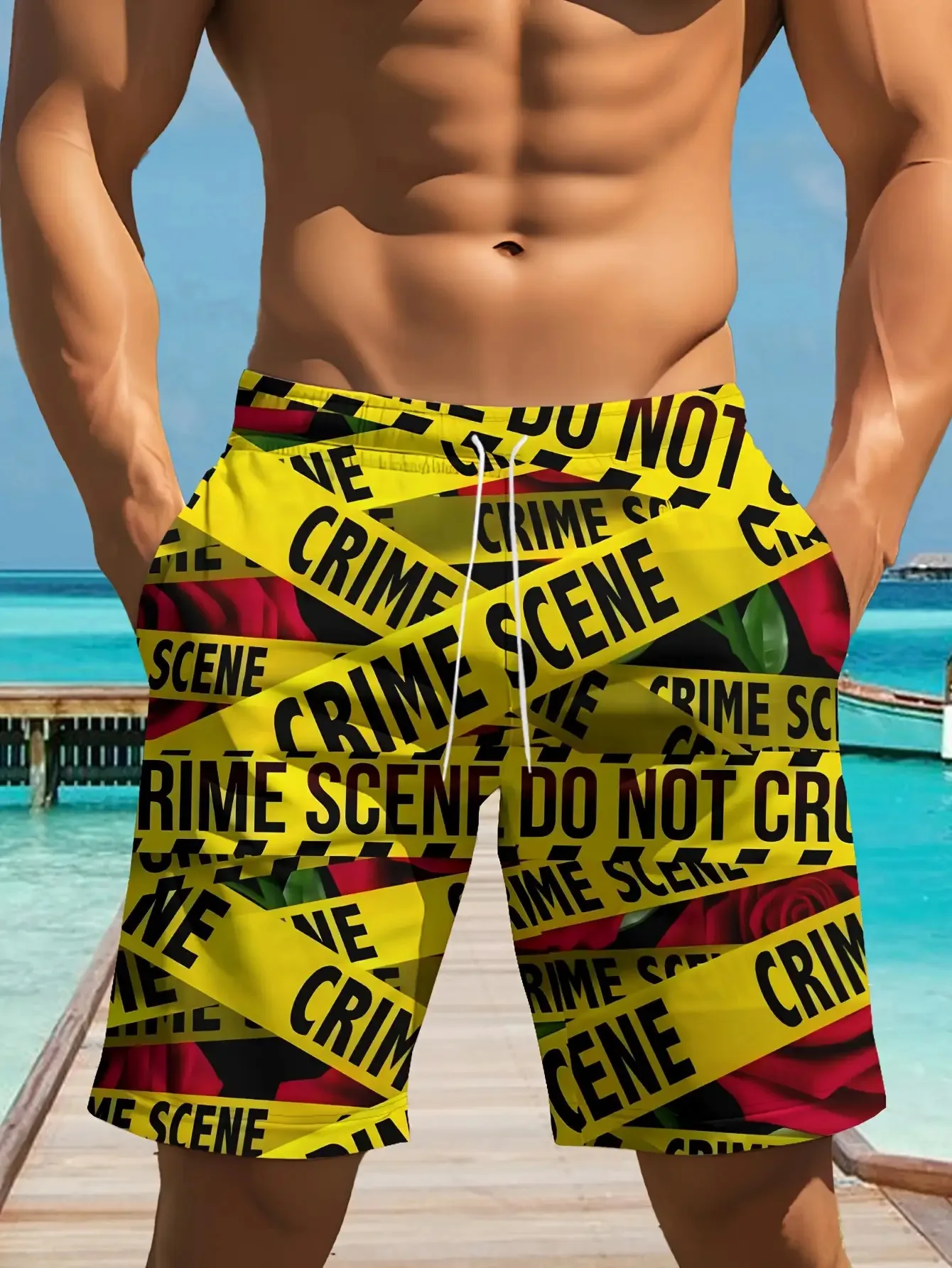 Men's Crime Scene Tape Rose Print Quick Dry Drawstring Summer Beach Board Shorts 2026