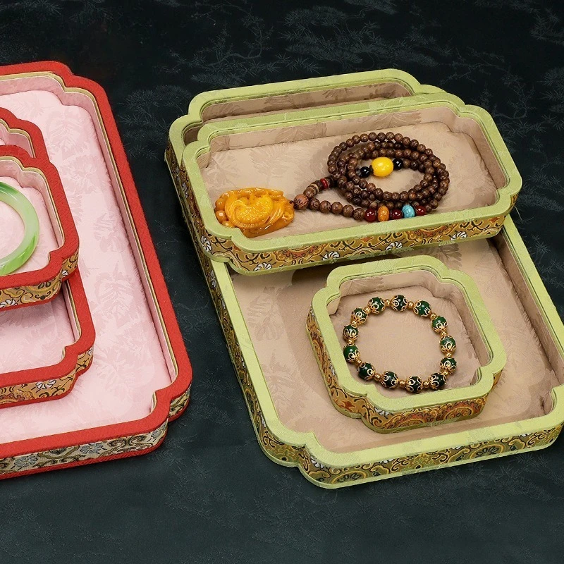 Satin Jewelry Display Tray Chinese Style Exquisite Necklace Bracelet Storage Trays Retro Jewelry Organizer Holder Display Case