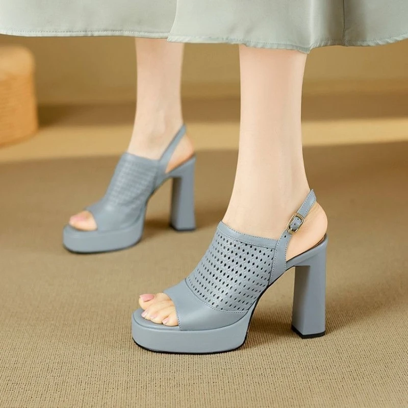 Coarse Heel Slip-on Buckle Back Lace-up Open-toe Waterproof Platform Versatile Comfortable and Slip-resistant Women's Sandals