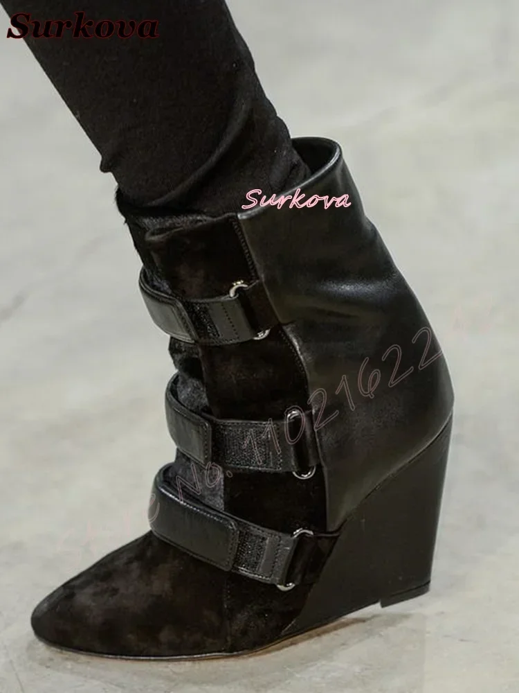 Black Hook & Loop Wedge Heels Women'S Round Toe Platform Ankle Boots Catwalk Party Casual Dress Frosted Women'S Shoes Spring 46