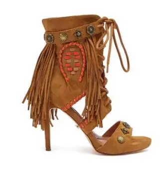 Summer Brown Suede Rivet Tassel Lace Up Hollow Sandals Round Open Toe Cover Heel 10 12 CM Thin Heels Banquet Sandals Shoes Woman