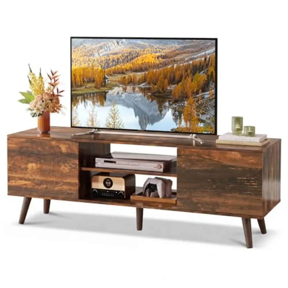 TV Stand for 55 60 Inch TV, mid Century Modern Entertainment Center with 2 Cabinets Storage & Adjustable Shelf, Media
