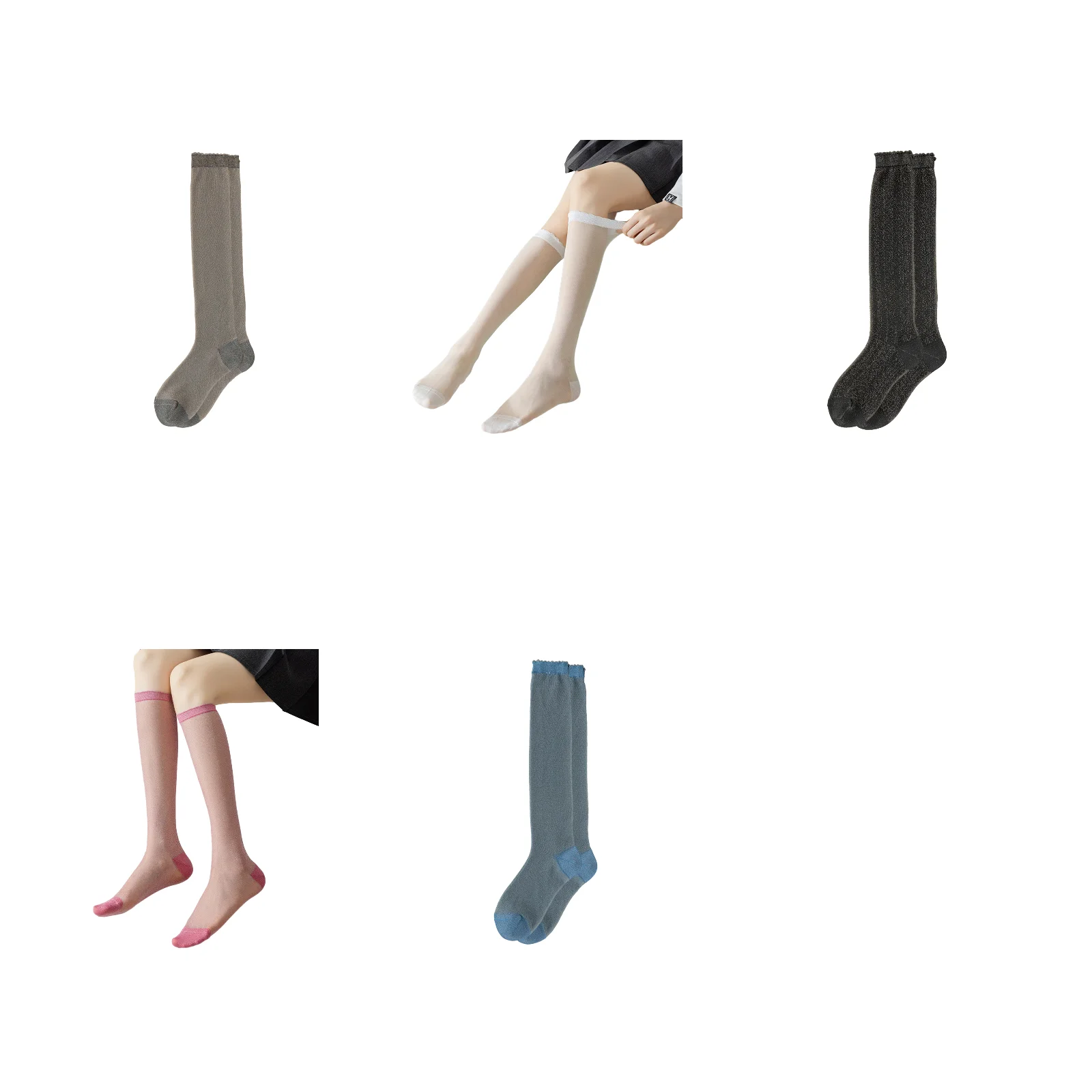 Lurex glitter knee-high calf socks 5-color set (grey/white/black/pink/blue)