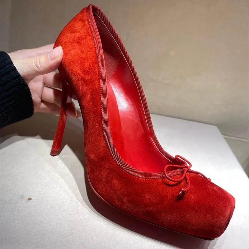 Women's Black Square Toe Shallow High Heels Shoes for Woman Slip-On Butterfly-Knot Stiletto Pumps Sexy Ladies Party Wedding Shoe