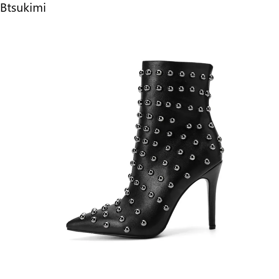New 2026 Black Pu Leather Pointed Scalp Rivet Shoes Sexy Fashionable Women's Thin High Heels Short Boots Ankle Boots 34-46 Size