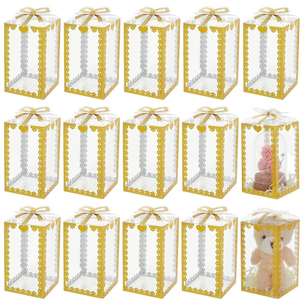 50 Pcs 2.4x2.4x4.7 Inch Clear PVC Gift Boxes Rectangle Bow Knot Pattern Boxes for Wedding Party Favor Festival Gift Packaging