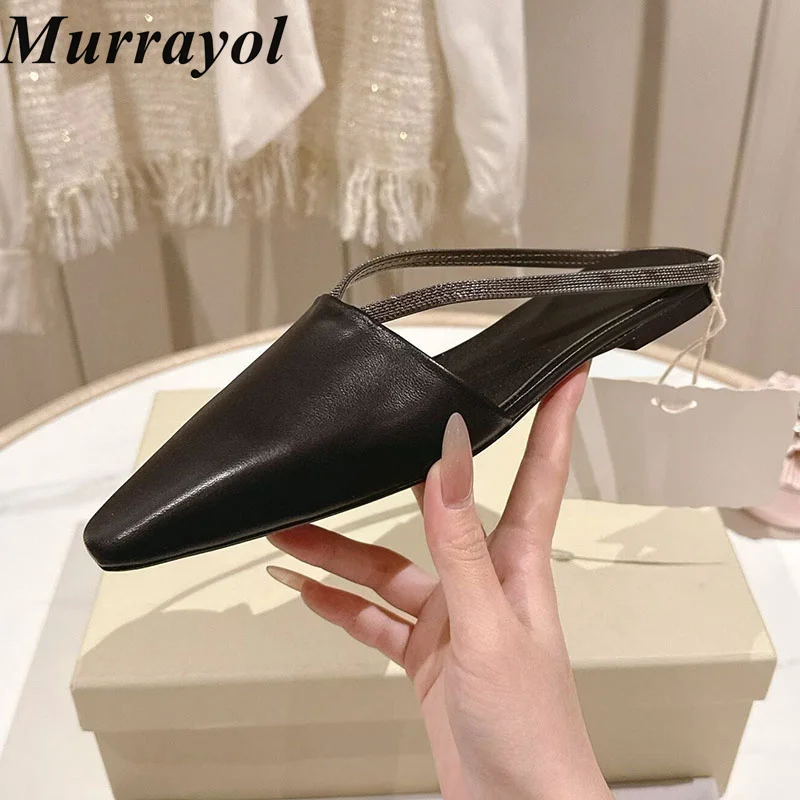 Lazy Mules Metal String Bead Decor Flat Bottom Slippers Women Closed Toe Slippers Ladies Spring Summer Vacation Walking Shoes